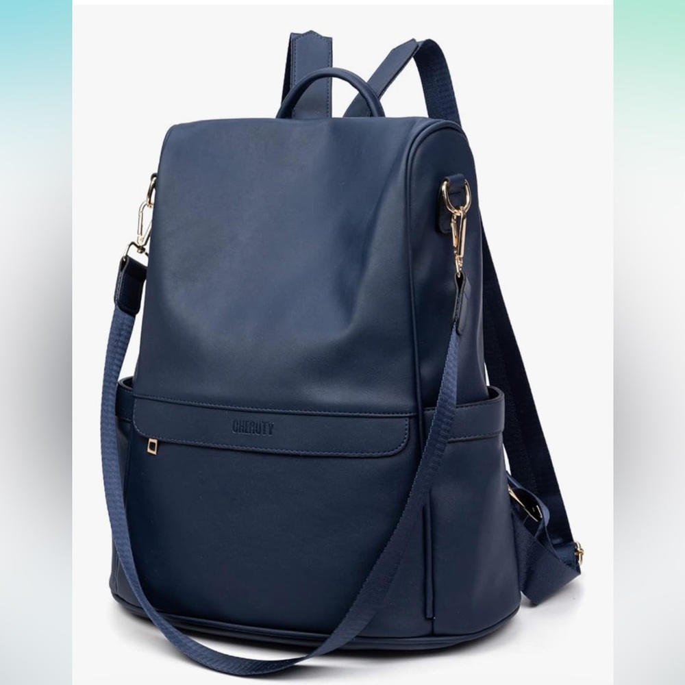 Cheruty Vegan Leather Navy Blue Anti Theft Backpack